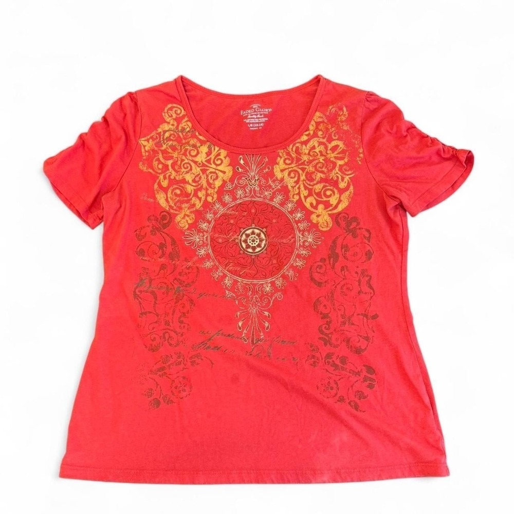 Faded Glory Red‎ Y2K Graphic Baby Tee with Gold Scrollwork, Size L